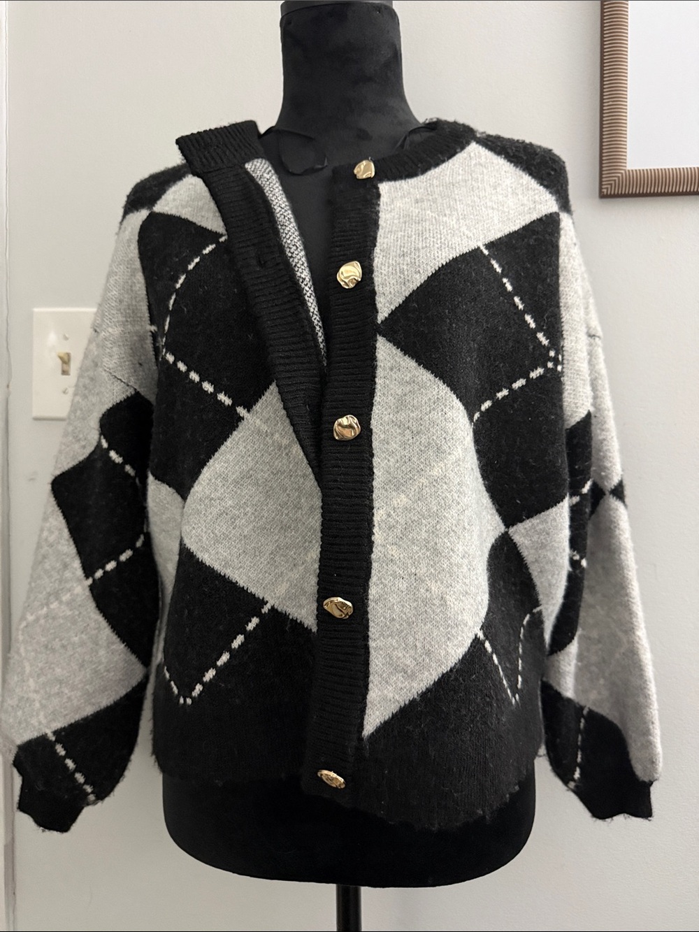 Song of Style Black & Gray Argyle Cardigan with Gold Buttons